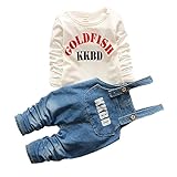 【SEBLES】ベビー服 パンツ オーバーオール デニム Tシャツ ラウンドネック 無地 プリント 長袖 コットン ロゴ 綿 ユニセックス 男の子 女の子 0歳 1歳 2歳 お洒落 カジュアル(ホワイ