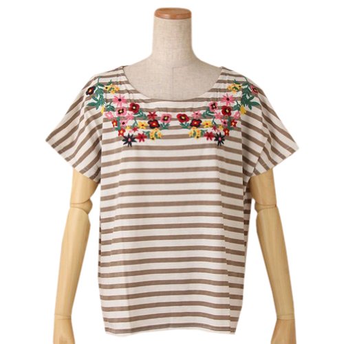【ノーブランド品】 ボーダー柄 フラワー刺繍 半袖チュニックトップス ベージュ