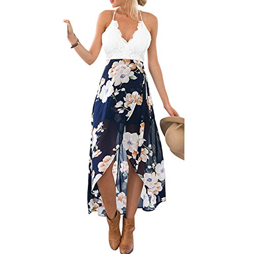 Women Floral Halter Backless Boho Slit Front Beach Maxi Sundress