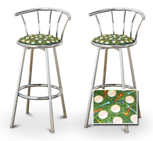 2 Golf Themed Fabric Specialty / Custom Chrome Barstools with Backrest Set