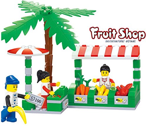 Fruit shop Commercial Street - 114 pcs building blocks sea side souk stalls set with fruits, veggies, money, customer and sales people - excellent tool to help 6+ buyer learn in Lego compatible parts