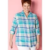 Womens CVC Yarn Die Texture Crinkle-7 Plaid 3/4 Sleeve Blouse