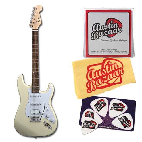 Squier by Fender Bullet Strat with Tremolo HSS Bundle with Strings, Pick Card, and Polishing Cloth - Arctic White, Rosewood Fretboard