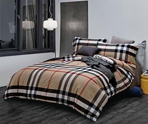 Bedream Home Textile Plaid Checks Pattern Comfortable Microfiber 100% Cotton - 4 Pieces Duvet Cover Bedding Set Fitted Sheet Set, Full Size Classic Brown