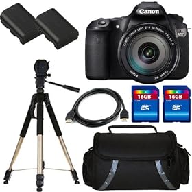 Canon EOS 60D 18 MP CMOS Digital SLR Camera with 3.0-Inch LCD and EF-S 18-200mmf/3.5-5.6 IS Standard Zoom Lens + Canon LP-E6 Equivalent Replacement Battery (2Pcs) + 16GB SDHC Memory (2Pcs)+ Deluxe Case + Aluminum Tripod + HDMI Cable