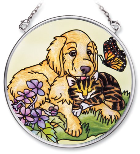Amia Hand Painted Glass Suncatcher with Dog and Cat Design, 3-1/2-Inch Circle