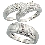 14k White Gold Trio 3-Piece His & Hers Wedding Band Set, w/ 0.25 Carat Brilliant Cut Diamonds;