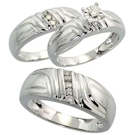 14k White Gold Trio 3-Piece His (8mm) & Hers (6mm; 6mm) Wedding Band Set, w/ 0.25 Carat Brilliant Cut Diamonds; (Men's Size 9 to 12; Ladies' Size 6 to 8)