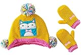 (スマイル ワキキ)Smile YKK ベビー キャップ 耳あて ニット帽 手袋 2点 セット 子供 防寒帽 キッズ 女の子 ポンポン付き 黄色 S