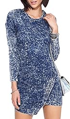 Scoop Neck Long Sleeves Short Asymmetric Stretchy Ruched Denim/Polyester/Spandex  Dress
