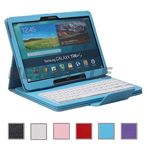 NEWSTYLE Ultra Slim Detachable Removable Bluetooth Keyboard Leather Case Cover For Samsung Galaxy Tab S 10.5" 10.5 inch Tablet SM-T800 SM-T805 w/ Bluetooth Camera Remote Shutter - Blue Color