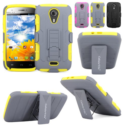 Cellularvilla Kickstand Case For BLU Studio 5.0 D530 Yellow Grey 3pc 3rd Gen Hard Soft Hybrid Kickstand Case with Holster Belt Clip Case Cover