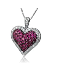 1ct Created Ruby and Diamond Puffed Heart Pendant- Necklace in Sterling Silver on an 18 inch Box Chain