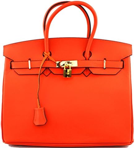 Genuine Leather Designer Inspired Fashion Satchel Handbag With Padlock (Orange+Gold Hardware)