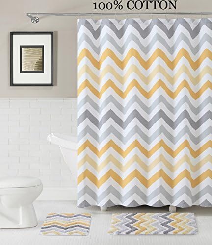 SEASIDESS 3 Pc. Bath Set: Shower Curtain and 2 Mats, Chevron Zig Zag Design, Purple, White and Gray, 100% Cotton (Yellow-White-Gray) by Victoria Classics