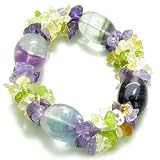 Amulet Tumbled Fluorite Crystals with Peridot, Citrine Amethyst Chips Aura Protection Powers Gemstone Bracelet