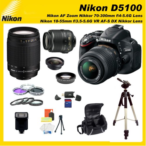 Nikon D5100 16.2MP CMOS Digital SLR Camera with 3-inch Vari-Angle LCD Monitor Sports Package with Nikon 18-55mm VR Lens & Sigma 70-300mm f/4-5.6 DG Macro Autofocus Lens for Nikon AF With SSE 8GB Starters Kit including 0.45x Wide Angle Lens, 2x Telephoto Lens, Filter Kit, Macro Lens Kit, HDMI Cable, and much more...