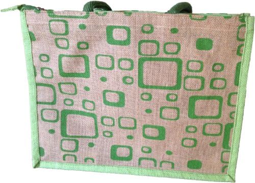 Fairtrade Colorful Jute/Burlap Large Bag w/ Geometric Design, Printing on Both Sides, Colored Cotton Handles &amp; Zippered Closure, for Use As a Tote, Shopping or Beach Bag, 16(L) X 12W X 3.5 Gusset (Green)