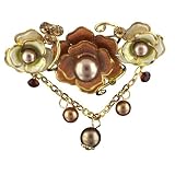 Gold Tone Enamel Flowers And Dangle Pin Brooch