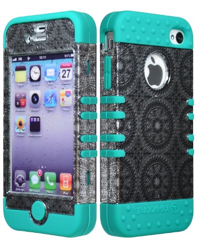 Bastex Hybrid Tuff Case for Apple iPhone 4, 4s- Teal Blue Silicone with Silver Circle Design Shell