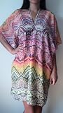 Womens Tunic Kaftan Bathing Suit Coverup By Back From Bali One Size Indian Motif Pink Peach Greens Multi-Pastels