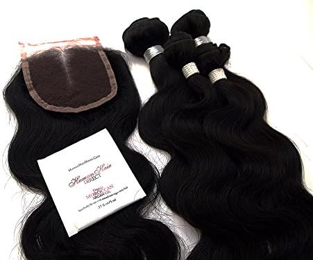 Human Hair Direct BODY WAVE 100% Virgin Brazilian Human Hair Remy Extensions 3-Pack PLUS 4"x4" Lace Closure AND Free Gift, Argan Oil Sample (16" 18" 20" Extensions + 14" Lace Closure, #1 - Jet Black (Pre-Colored))