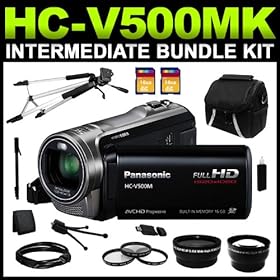 Panasonic HC-V500MK Black 1/5.8 MOS 3.0 LCD 38X Optical Zoom Full HD Flash Memory Camcorder Intermediate Bundle Kit includes Charger, Battery, 32GB SD Memory, Carrying Case, Full Size Tripod, Monopod, HDMI Cable, Card Reader, (2) Lenses, Filters and Cleaning Kit