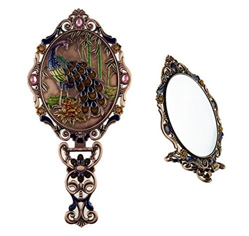 Ivenf Large Size Vintage Metal Oval Make-Up Hand/Table Mirror, Peacock On Rock In Bamboo Forest, Rose Copper