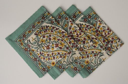 Hand Block Printed Napkins Set of 4 Turquoise Paisley 18 inch x 18 inch