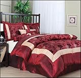7 Pieces Burgundy with Gold Rose Flocking Comforter Set Bed-in-a-bag Queen Size Bedding