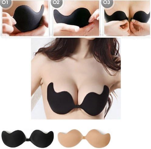 IMMM Bundle 3in1 Push up Invisible Self Adhesive V-Bra+Nipple Pasties (D Cup, Nude)