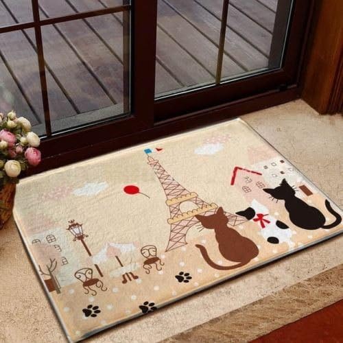 Paris Eiffel Tower Cats Floor Mat Rug Door Bath Mat Soft Absorbent Pink Beige 40*60cm.