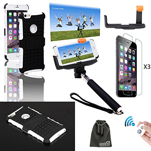 EEEKit Starter Kit 6-in-1 for Apple iPhone 6 5.5 Plus Inch Cell Phone, Protective Hybird Bumps Prevent Belt Clip Holster Kick Stand Hard Cover Case + Extendable Handheld Monopod + Adjustable Smartphone Adapter Phone Holder + Wireless Bluetooth Remote Camera Shutter Release Control + The screen protector + EEEKit Accessory Storage Pouch (White)