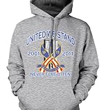 United We Stand, Never Forgotten Mens Sweatshirt, 10th Anniversary September 11th 2001, 9-11 Twin Towers Memorial Pullover Hoodie