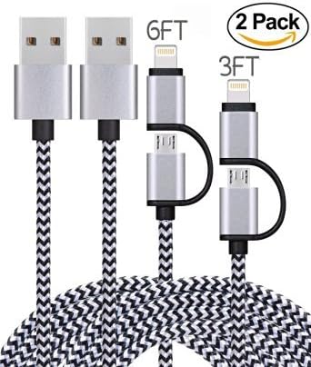 2 Pack 3FT 6FT 2in1 Lightning Cable &amp; Micro USB Nylon Braided Charging/Sync Cables for iPhone 6s,6s Plus,6,6 Plus,iPad/iPod and Samsung, HTC, Nexus, Nokia,Sony etc (Black/White)