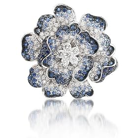 Leo Pizzo Diamond and Blue Sapphire 18k White Gold Floral Brooch Pin by