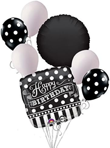 7 pc Black &amp; White Polka Dot &amp; Stripe Balloon Bouquet Decoration Happy Birthday