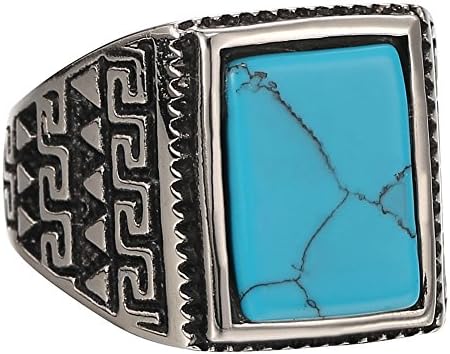 MOKING Jewelry Men's Classic Turquoise Biker Stainless Steel Ring Band, Vintage sulpture ring,gold Blue silver (11)