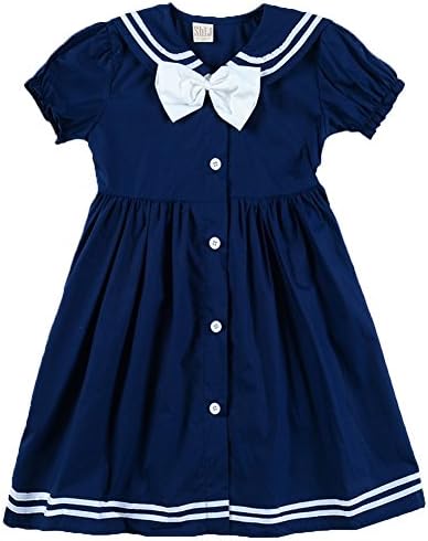 Girls Sailor Style Dress Lapel Navy Cotton Dress With Big Bow Tie 9/10Y