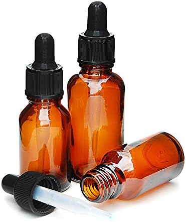 LYGOS-30ML/1OZ BOSTON ROUND AMBER GLASS BOTTLE WITH CHILD RESISTANT GLASS DROPPERS-PACK OF 16