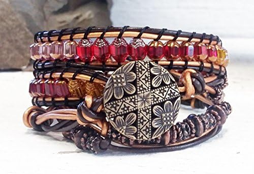 Red Leather Bohemian Beaded Wrap Bracelet Gift For Her, Best Christmas Present