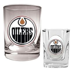 Edmonton Oilers NHL Rocks Glass & Square Shot Glass Set - Primary Logo by Great American Products