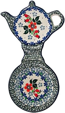 Polish Pottery Handmade 8'' Cup and Teabag Holder Boleslawiec Poland Traditional Stoneware Pattern Pink Blooms