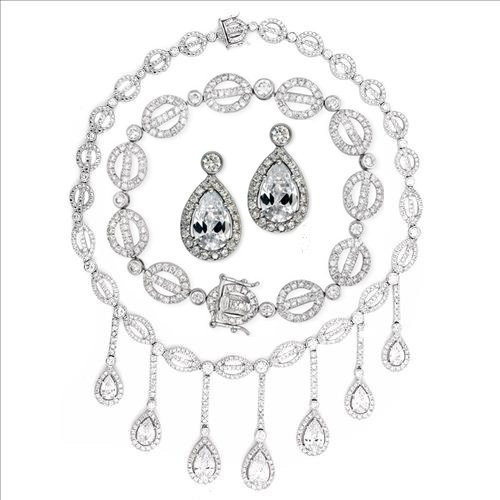 Elegant Sterling Silver Rhodium Teardrop Dangling Necklace, Earrings, Bracelet.