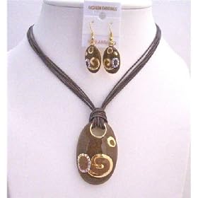 Ns479 Brown Gold Jewelry Set Enamel Brown Pendant w/ Paint Designed Gorgeous Necklace Set Multistranded Brown Jewelry Set
