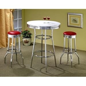 3pcs Retro Style Red & Chrome Bar Table & 2 Stools Set 3pcs Retro Style Red & Chrome Bar Table & 2 Stools Set
