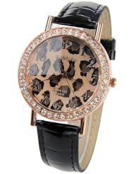 A449 Fashion Leopard Print & Round Disc Style Female Quartz Wrist Watch with Rhinestone Black SWWM3-99376
