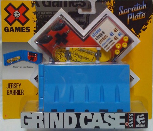 X Games Fingerboard, Scratch Plate Grind Case + etnies Shoes, Blue Jersey Barrier, Yellow Board has cassette tape graphic