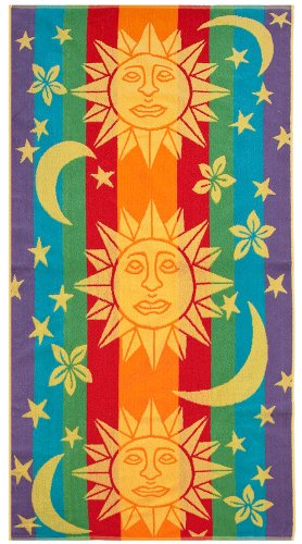 Sun Stars & Moon Blue Orange - Terry Jacquard Beach Towel size 30x60 - 400 grams 100% Pure Ringspun Cotton - Brilliant intense vibrant colors - Highly absorbent easy care machine wash - Use for picnic poolside or as a colorful bath towel - Save 53%