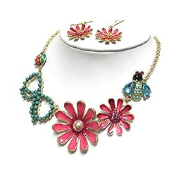 Crystal and Seed Beads Decorated Bugs and Flower Link Necklace and Earrings Set